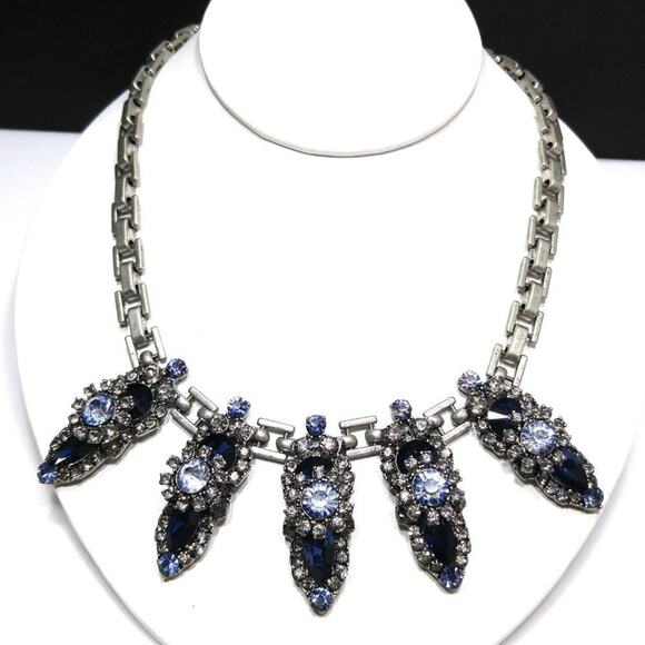 Vintage Blue Five Pendant Floral Statement Necklace, Rivoli Rhinestones, 20 Inch - Picture 5 of 8